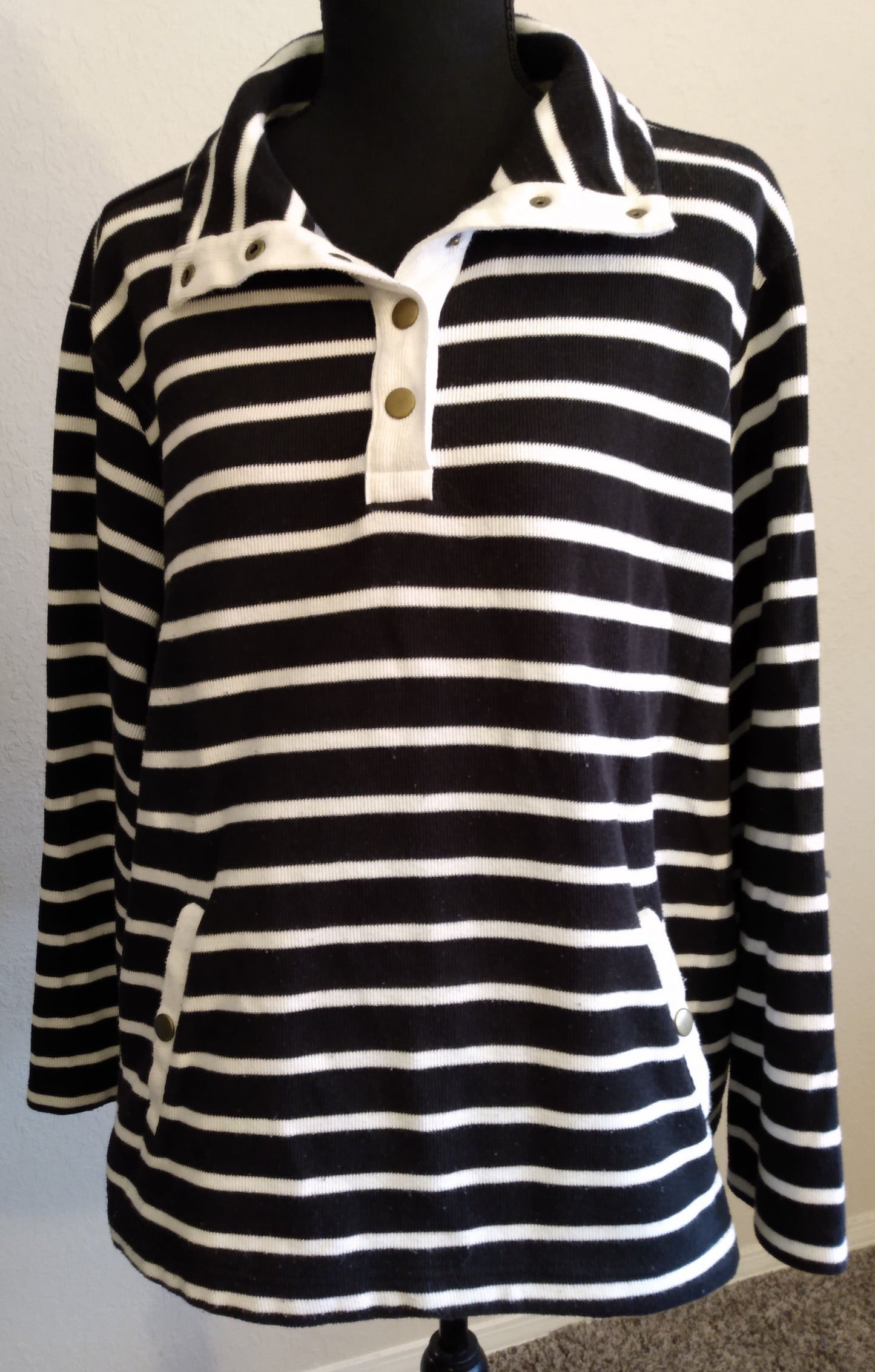 Black and White Striped Polo Pullover