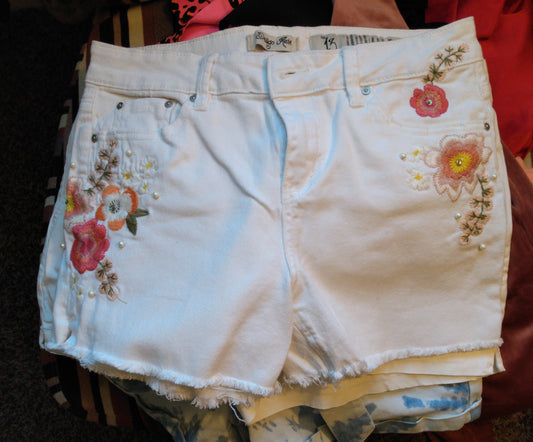 White Denim Floral Shorts