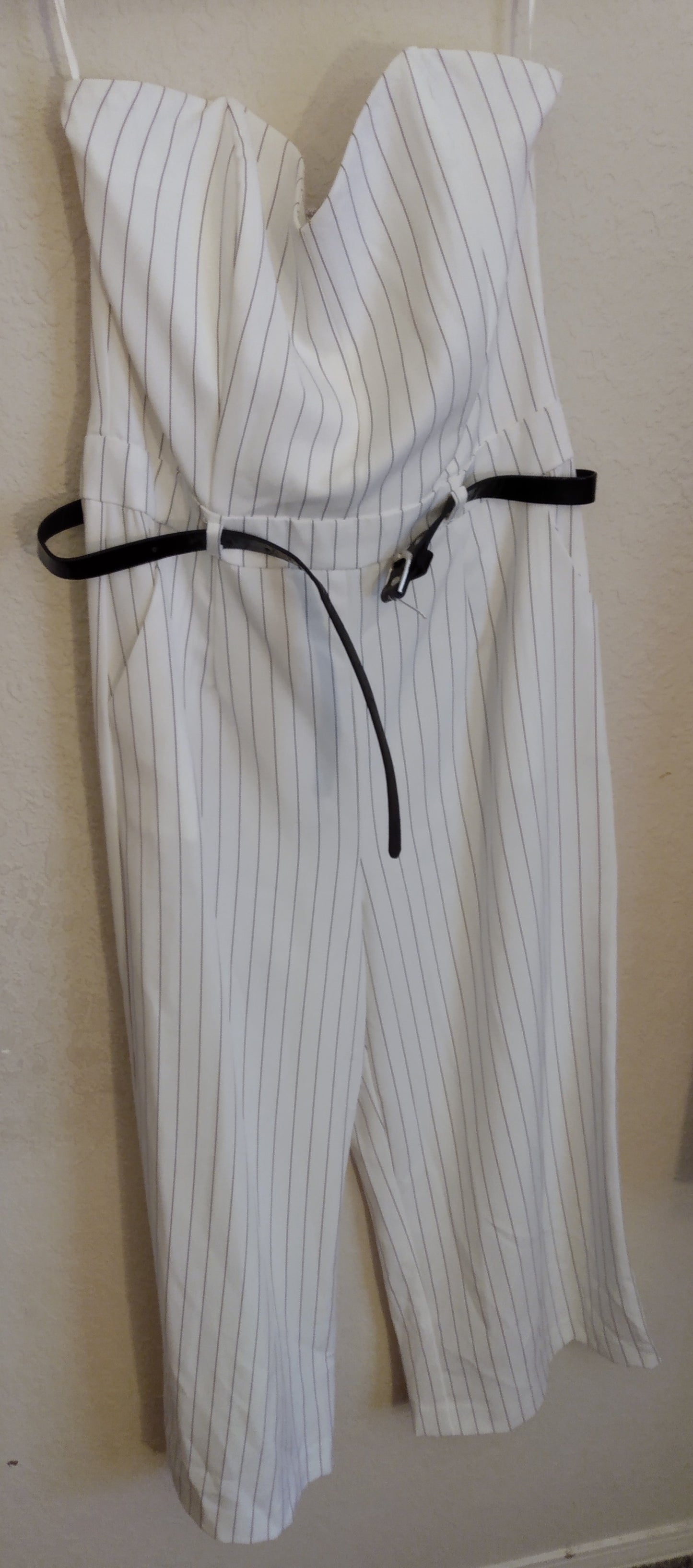 White w Black Pinstripe Gaucho Romper